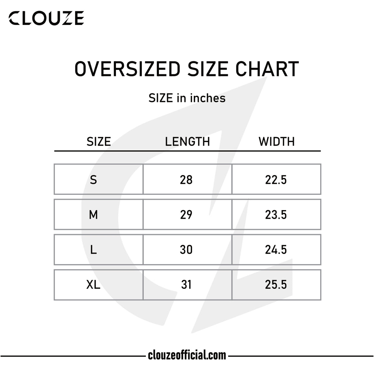 Oversized tees size chart
