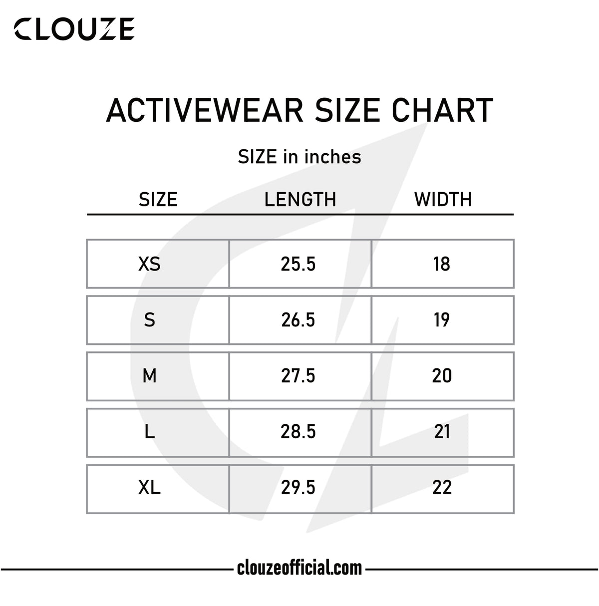 Active wear size chart